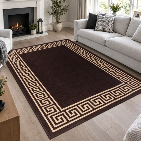 Greeky Bordered Rug Brown Beige 160 x 230 cm Greeky Brown Beige bordered rug 160 x 230 cm with Greek key border, low pile and non-slip backing, in a living room