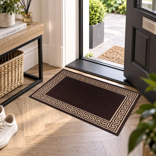 Greeky Bordered Rug Brown Beige 50 x 80 cm Greeky Brown Beige bordered rug 50 x 80 cm with Greek key border, low pile and non-slip backing, in a living room