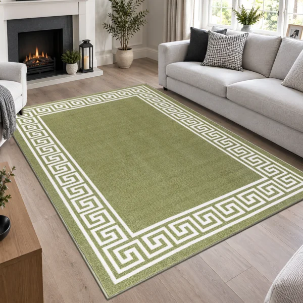 Greeky Green Cream bordered rug 160 x 230 cm with Greek key border, low pile and non-slip backing, in a living room