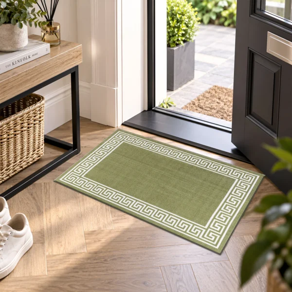 Greeky Green Cream bordered rug 50 x 80 cm with Greek key border, low pile and non-slip backing, in a living room