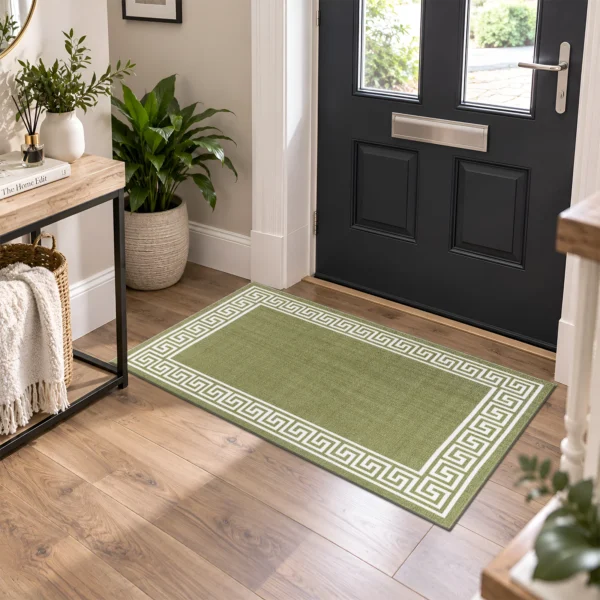 Greeky Green Cream bordered rug 66 x 120 cm with Greek key border, low pile and non-slip backing, in a living room