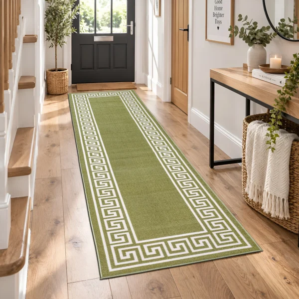 Greeky Green Cream bordered rug 66 x 220 cm with Greek key border, low pile and non-slip backing, in a living room