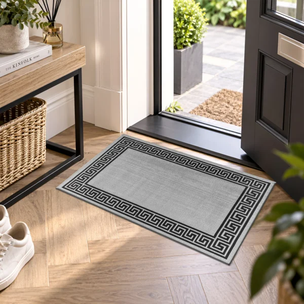 Greeky Bordered Rug Grey Black 50 x 80 cm Greeky Grey Black bordered rug 50 x 80 cm with Greek key border, low pile and non-slip backing, in a living room