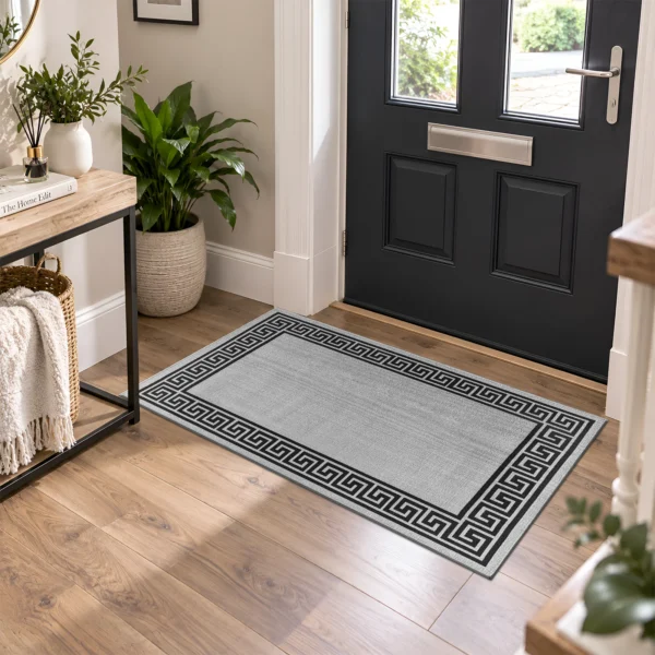 Greeky Grey Black bordered rug 66 x 120 cm with Greek key border, low pile and non-slip backing, in a living room