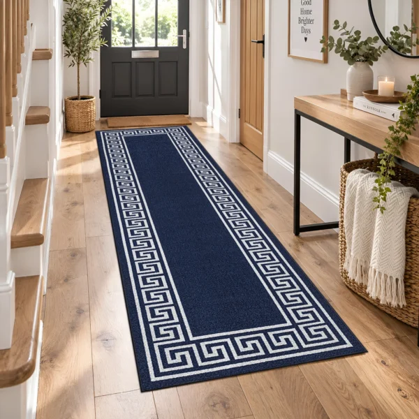 Greeky Navy bordered rug 66 x 220 cm with Greek key border, low pile and non-slip backing, in a living room