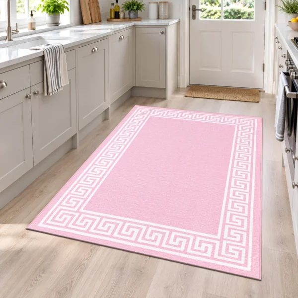 Greeky Bordered Rug Pink 120 x 170 cm Greeky Pink bordered rug 120 x 170 cm with Greek key border, low pile and non-slip backing, in a living room