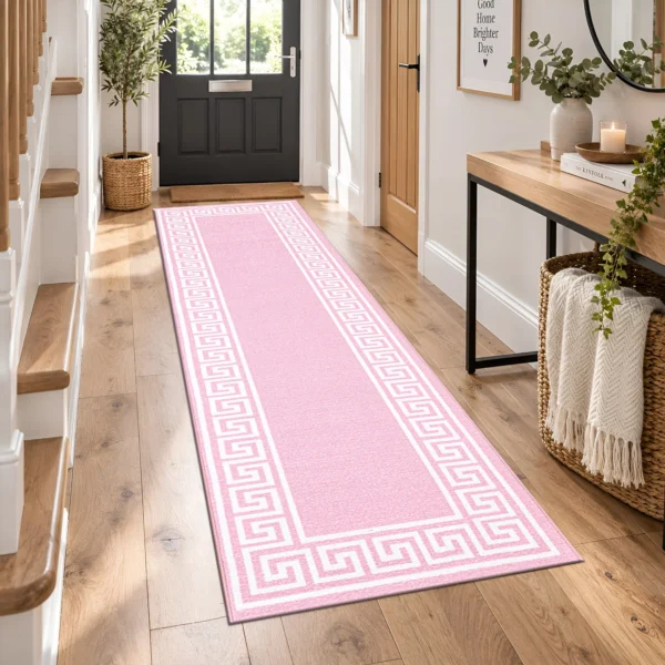 Greeky Bordered Rug Pink 66 x 220 cm Greeky Pink bordered rug 66 x 220 cm with Greek key border, low pile and non-slip backing, in a living room