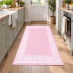 Greeky Pink bordered rug 80 x 150 cm with Greek key border, low pile and non-slip backing, in a living room