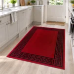 Greeky Red Black bordered rug 120 x 170 cm with Greek key border, low pile and non-slip backing, in a living room