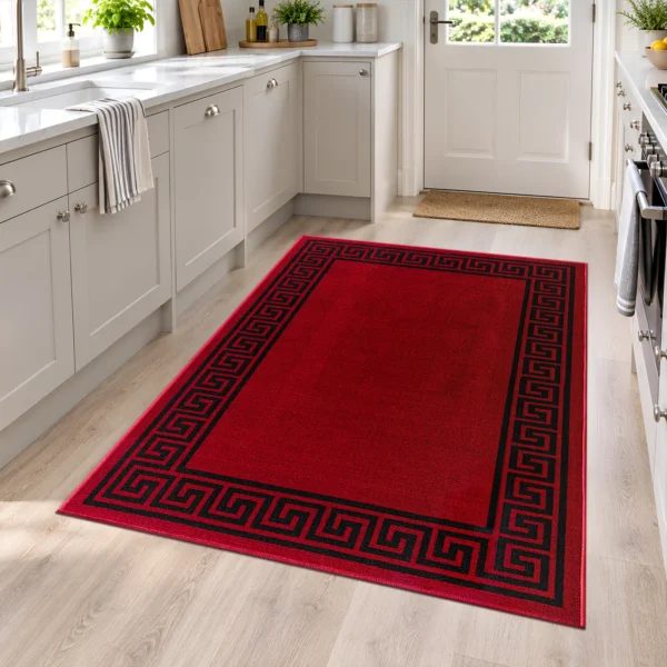 Greeky Bordered Rug Red Black 120 x 170 cm Greeky Red Black bordered rug 120 x 170 cm with Greek key border, low pile and non-slip backing, in a living room
