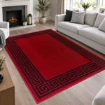 Greeky Red Black bordered rug 160 x 230 cm with Greek key border, low pile and non-slip backing, in a living room