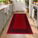 Greeky Red Black bordered rug 80 x 150 cm with Greek key border, low pile and non-slip backing, in a living room