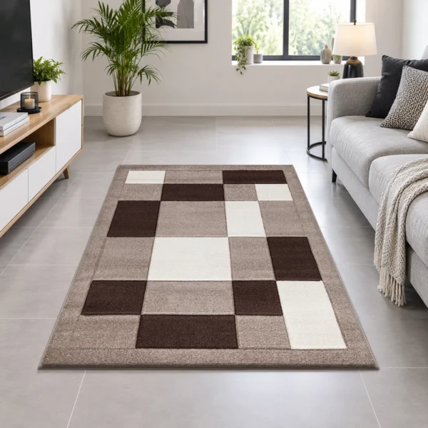 Havana Beige Brown geometric rug 120 x 170 cm, medium pile with jute backing, in a living room