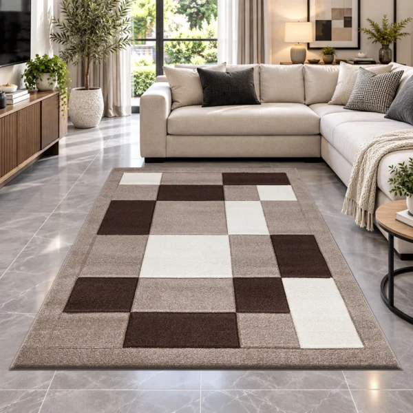 Havana Geometric Rug Beige Brown 160 x 230 cm Havana Beige Brown geometric rug 160 x 230 cm, medium pile with jute backing, in a living room