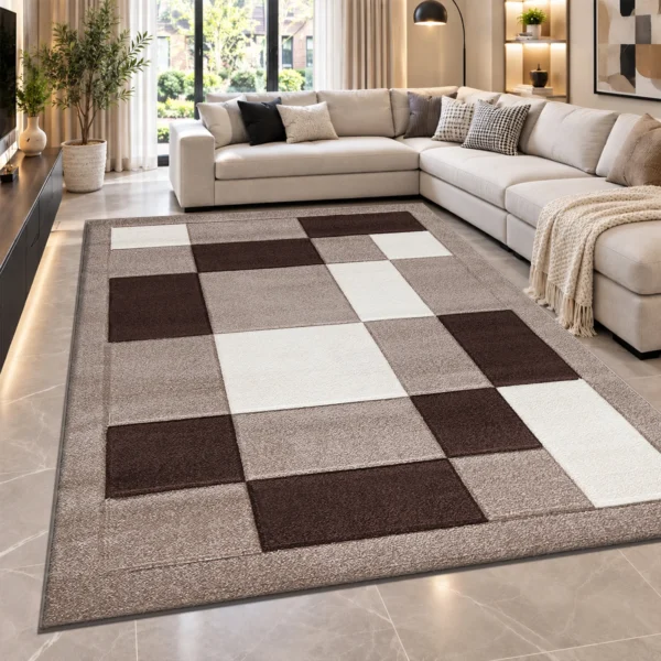 Havana Geometric Rug Beige Brown 200 x 290 cm Havana Beige Brown geometric rug 200 x 290 cm, medium pile with jute backing, in a living room