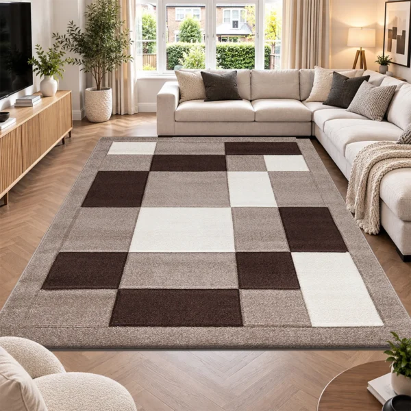 Havana Geometric Rug Beige Brown 240 x 320 cm Havana Beige Brown geometric rug 240 x 320 cm, medium pile with jute backing, in a living room