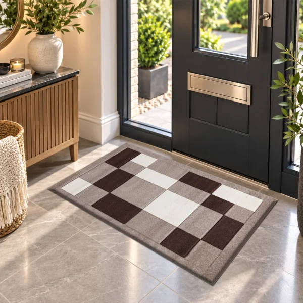 Havana Beige Brown geometric rug 60 x 110 cm, medium pile with jute backing, in a living room