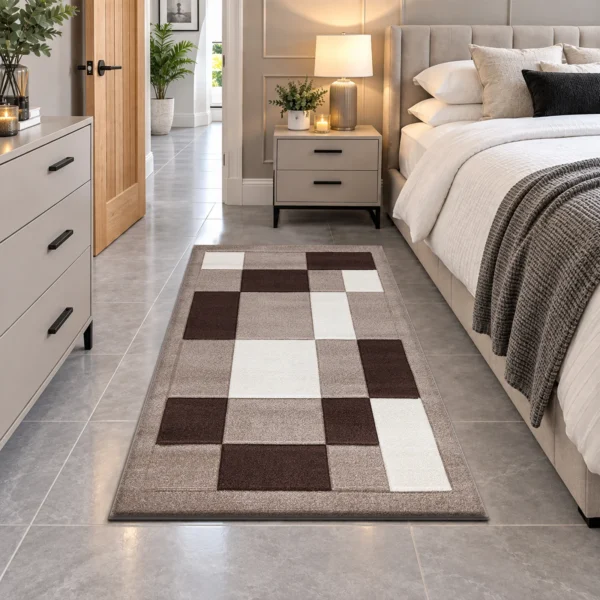 Havana Beige Brown geometric rug 80 x 150 cm, medium pile with jute backing, in a living room