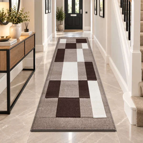 Havana Geometric Rug Beige Brown 80 x 300 cm Havana Beige Brown geometric rug 80 x 300 cm, medium pile with jute backing, in a living room