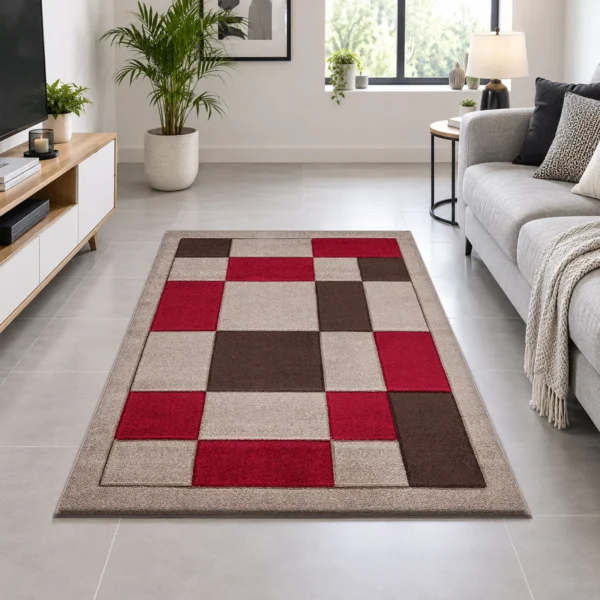 Havana Beige Red geometric rug 120 x 170 cm, medium pile with jute backing, in a living room