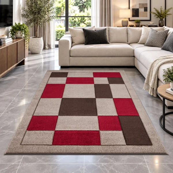 Havana Beige Red geometric rug 160 x 230 cm, medium pile with jute backing, in a living room