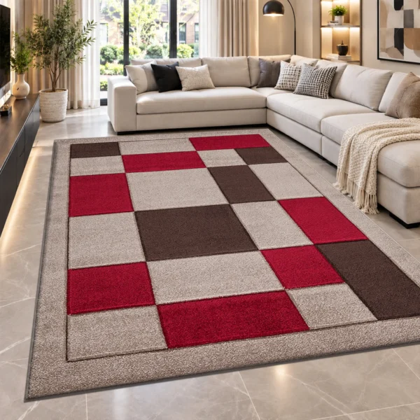 Havana Beige Red geometric rug 200 x 290 cm, medium pile with jute backing, in a living room