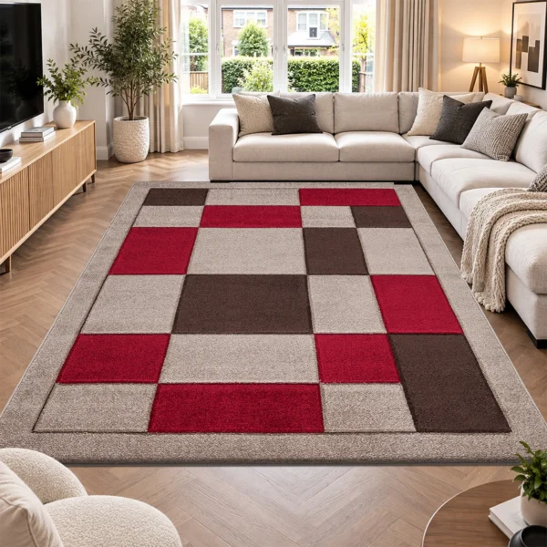 Havana Beige Red geometric rug 240 x 320 cm, medium pile with jute backing, in a living room