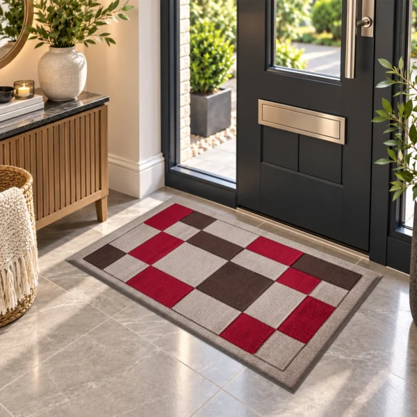 Havana Geometric Rug Beige Red 60 x 110 cm Havana Beige Red geometric rug 60 x 110 cm, medium pile with jute backing, in a living room