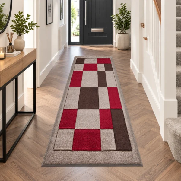 Havana Beige Red geometric rug 60 x 220 cm, medium pile with jute backing, in a living room