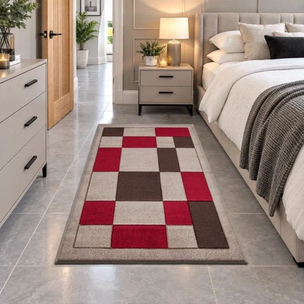 Havana Geometric Rug Beige Red 80 x 150 cm Havana Beige Red geometric rug 80 x 150 cm, medium pile with jute backing, in a living room