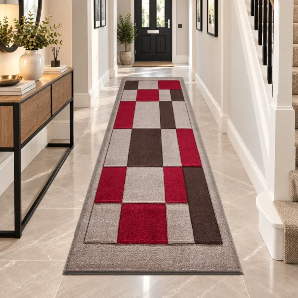 Havana Beige Red geometric rug 80 x 300 cm, medium pile with jute backing, in a living room
