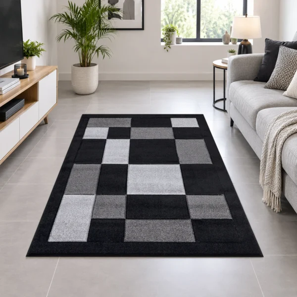 Havana Black Grey geometric rug 120 x 170 cm, medium pile with jute backing, in a living room