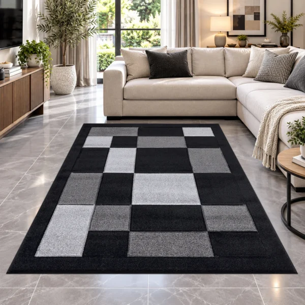 Havana Geometric Rug Black Grey 160 x 230 cm Havana Black Grey geometric rug 160 x 230 cm, medium pile with jute backing, in a living room