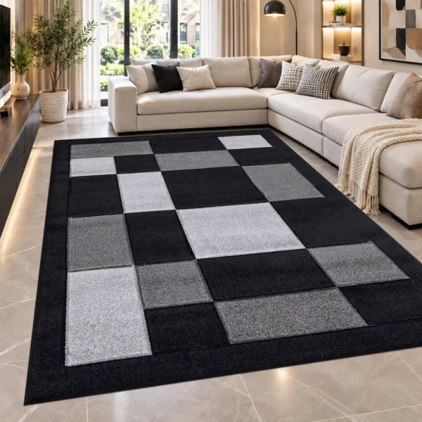 Havana Geometric Rug Black Grey 200 x 290 cm Havana Black Grey geometric rug 200 x 290 cm, medium pile with jute backing, in a living room