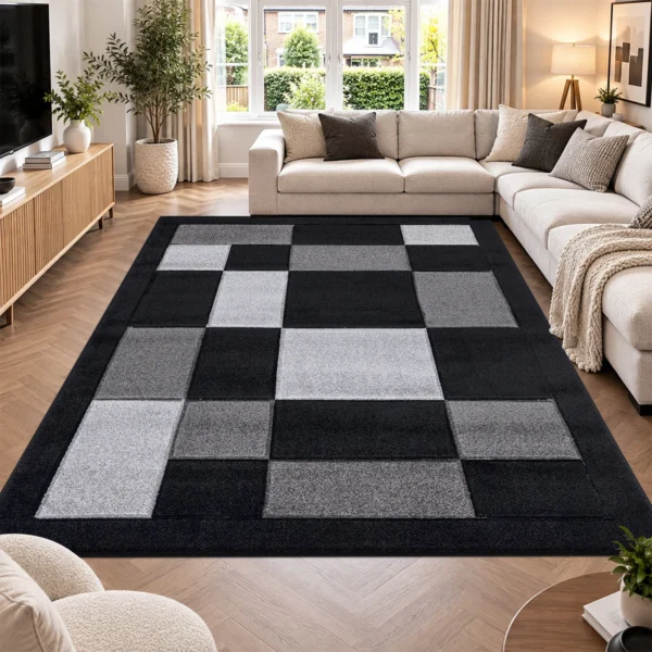 Havana Geometric Rug Black Grey 240 x 320 cm Havana Black Grey geometric rug 240 x 320 cm, medium pile with jute backing, in a living room