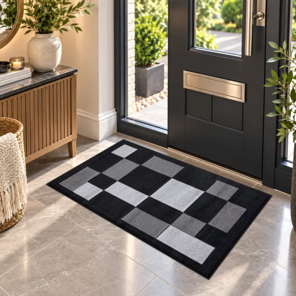 Havana Geometric Rug Black Grey 60 x 110 cm Havana Black Grey geometric rug 60 x 110 cm, medium pile with jute backing, in a living room