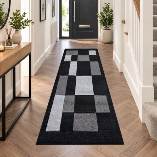 Havana Geometric Rug Black Grey 60 x 220 cm Havana Black Grey geometric rug 60 x 220 cm, medium pile with jute backing, in a living room