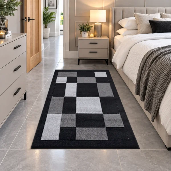 Havana Geometric Rug Black Grey 80 x 150 cm Havana Black Grey geometric rug 80 x 150 cm, medium pile with jute backing, in a living room