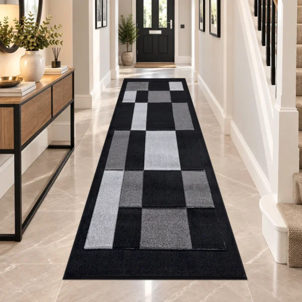 Havana Geometric Rug Black Grey 80 x 300 cm Havana Black Grey geometric rug 80 x 300 cm, medium pile with jute backing, in a living room