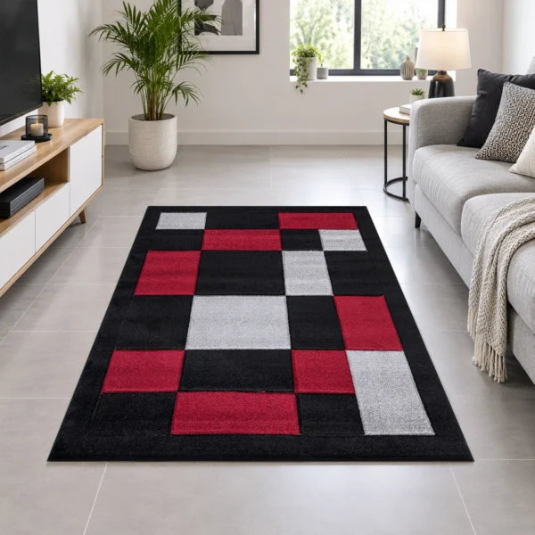 Havana Black Red geometric rug 120 x 170 cm, medium pile with jute backing, in a living room
