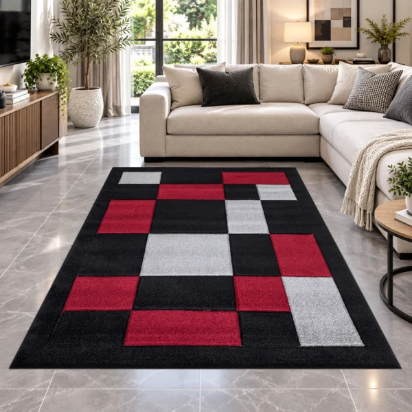 Havana Geometric Rug Black Red 160 x 230 cm Havana Black Red geometric rug 160 x 230 cm, medium pile with jute backing, in a living room
