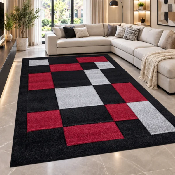 Havana Geometric Rug Black Red 200 x 290 cm Havana Black Red geometric rug 200 x 290 cm, medium pile with jute backing, in a living room