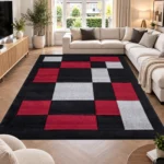 Havana Black Red geometric rug 240 x 320 cm, medium pile with jute backing, in a living room