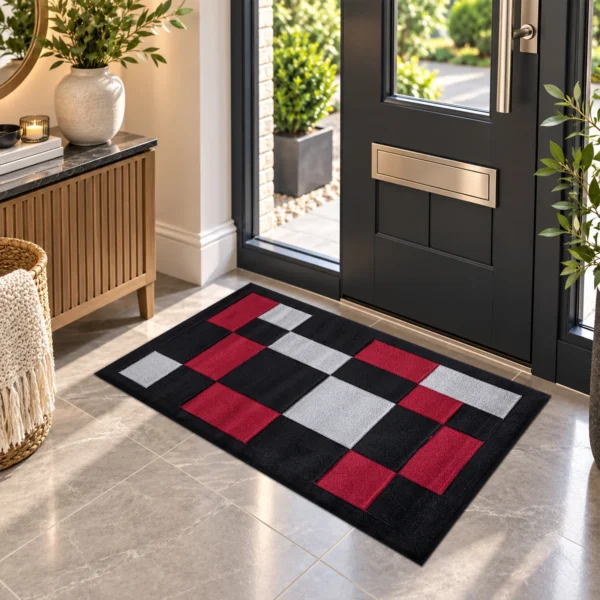 Havana Black Red geometric rug 60 x 110 cm, medium pile with jute backing, in a living room