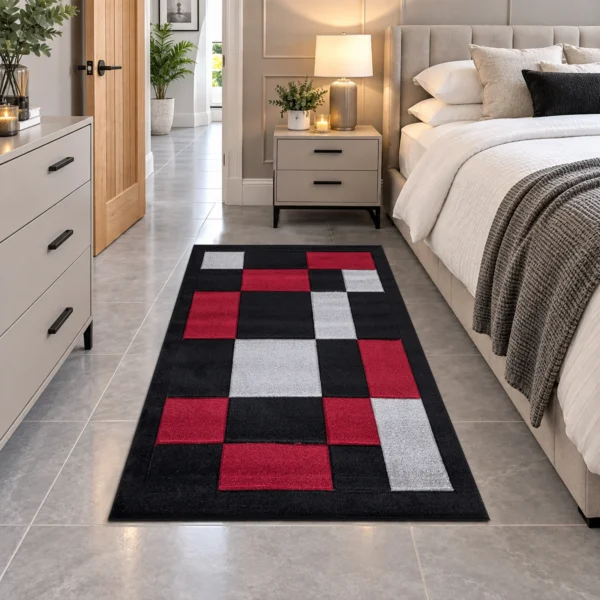 Havana Black Red geometric rug 80 x 150 cm, medium pile with jute backing, in a living room