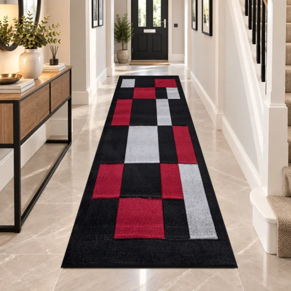 Havana Geometric Rug Black Red 80 x 300 cm Havana Black Red geometric rug 80 x 300 cm, medium pile with jute backing, in a living room