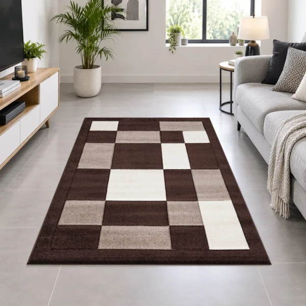 Havana Brown Beige geometric rug 120 x 170 cm, medium pile with jute backing, in a living room
