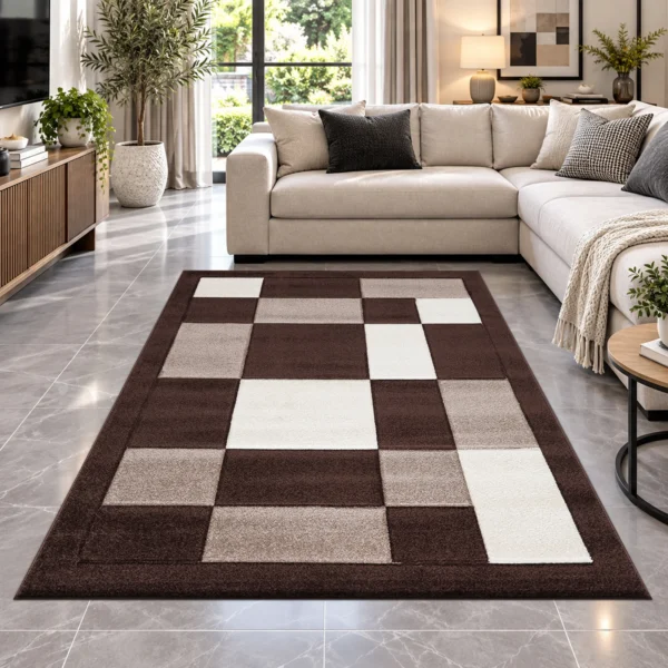 Havana Geometric Rug Brown Beige 160 x 230 cm Havana Brown Beige geometric rug 160 x 230 cm, medium pile with jute backing, in a living room