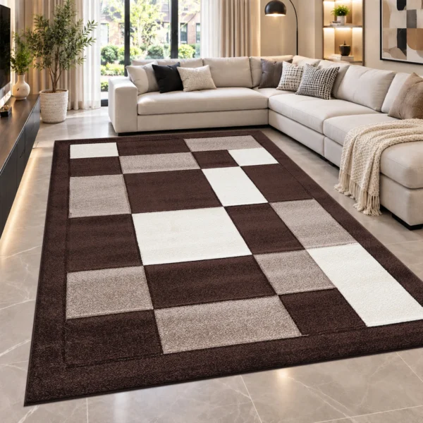 Havana Geometric Rug Brown Beige 200 x 290 cm Havana Brown Beige geometric rug 200 x 290 cm, medium pile with jute backing, in a living room