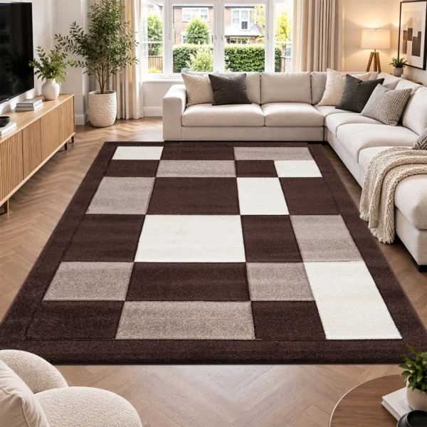 Havana Geometric Rug Brown Beige 240 x 320 cm Havana Brown Beige geometric rug 240 x 320 cm, medium pile with jute backing, in a living room